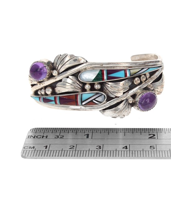 Zuni Signed JC Sterling Silver Multi-Stone Inlay & Amethyst Cuff Bracelet